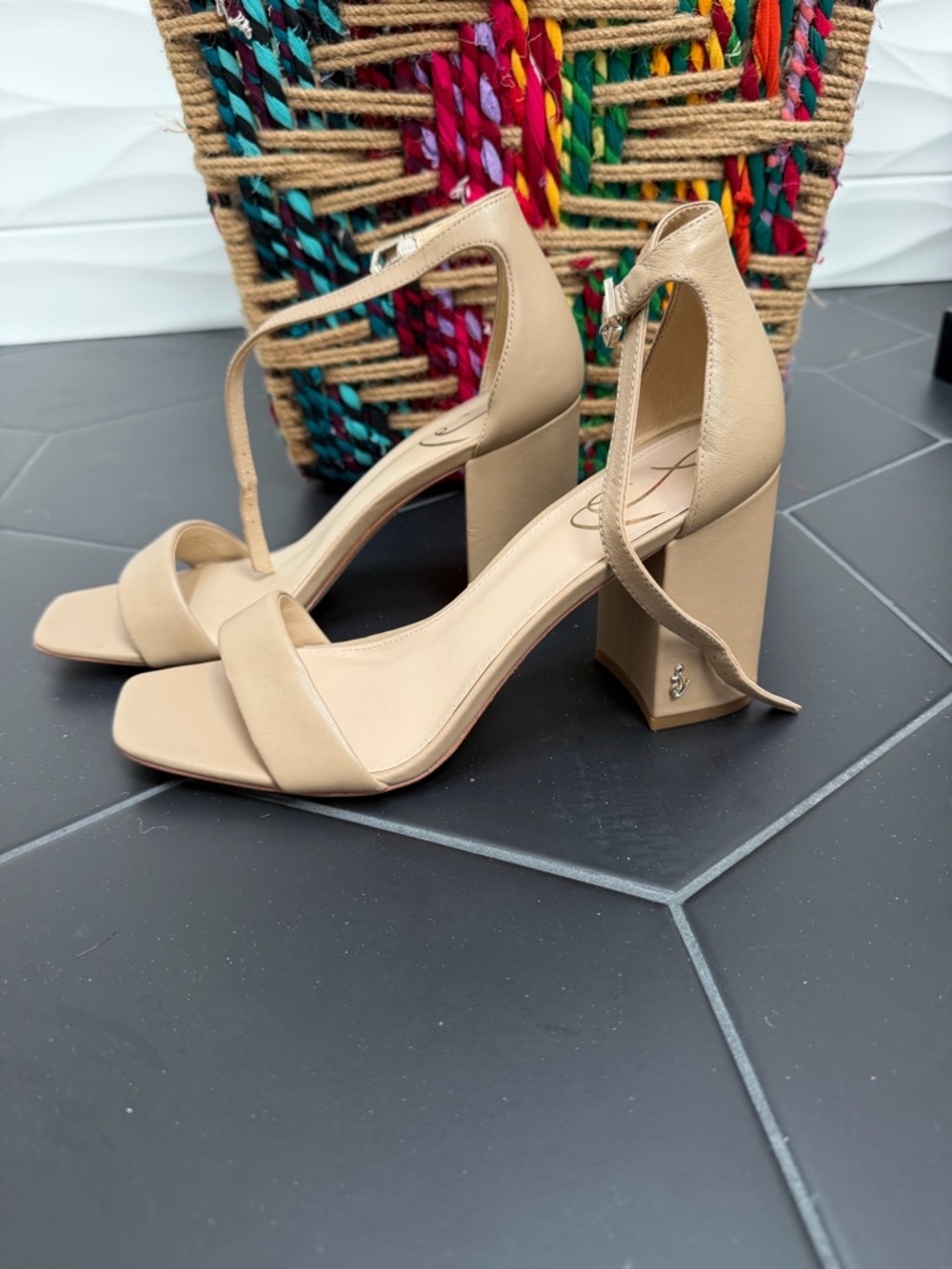 Sam Edelman Nude Block Heel Ankle-Strap Sandals